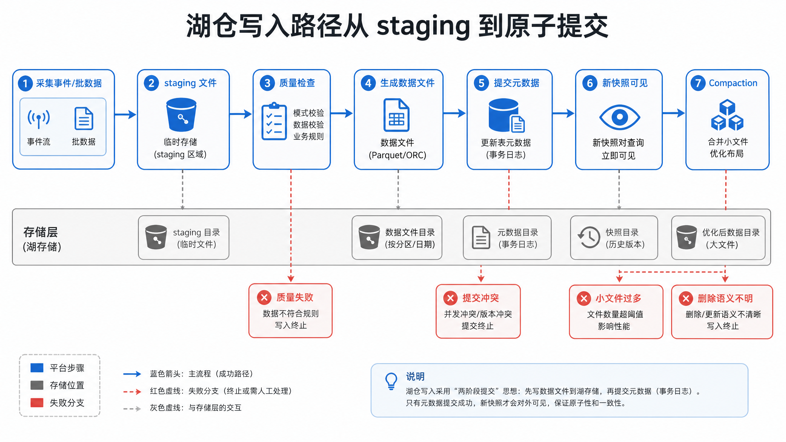 图11-6：湖仓写入路径从 staging 到原子提交